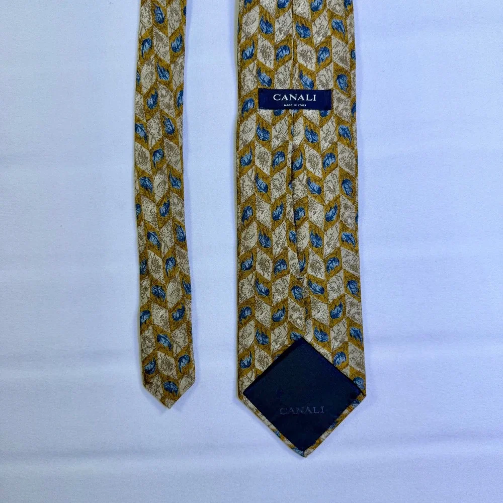 Canali Made in Italy 100% Silk Tie Gold Blue Leaf Geometric Men's Necktie